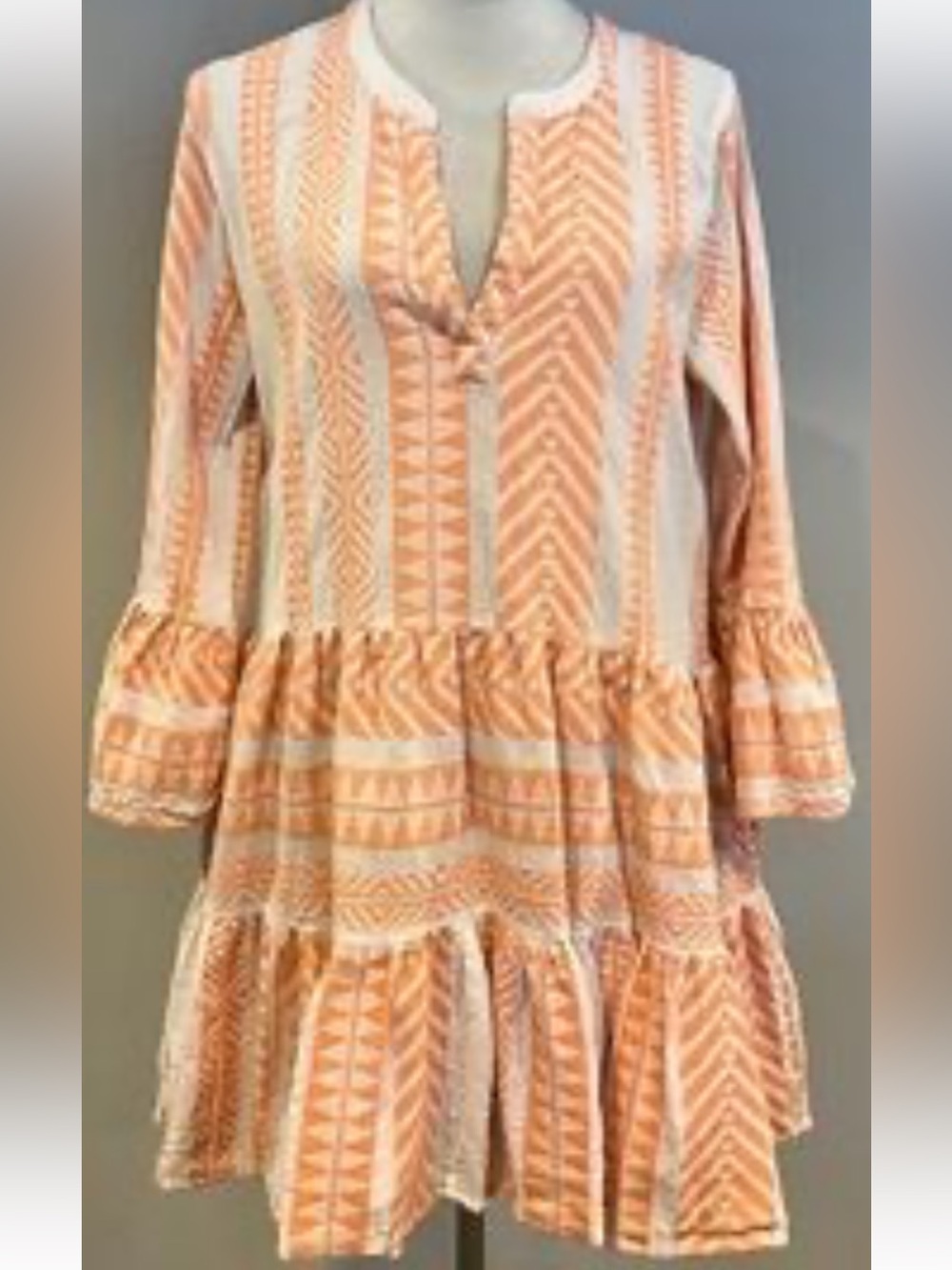 Panni Peach/Gold Stripe Tiered Mini Dress with V-Notch Neckline and bell sleeve